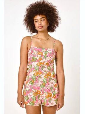 Floral Romper L Pink Orange Tie Back Adjustable Straps Pockets Boho Summer NWOT